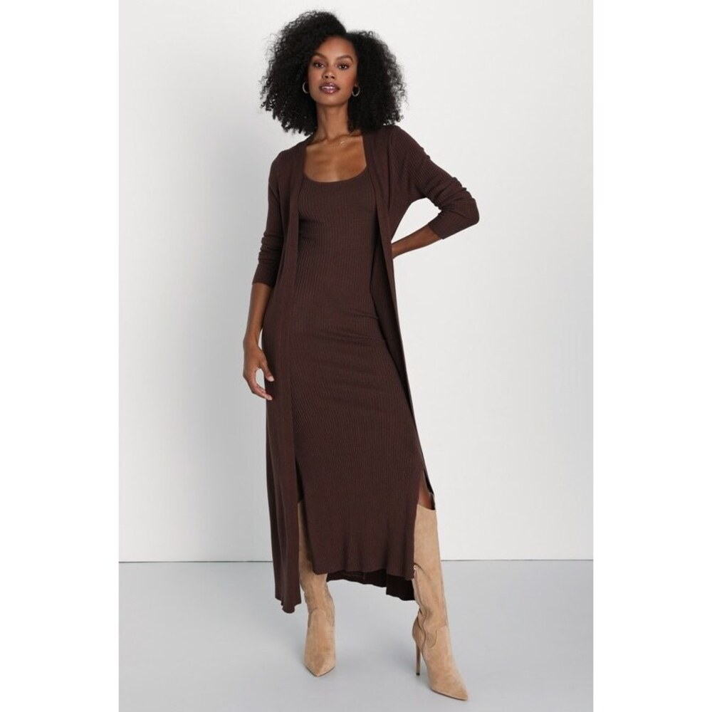 Lulus Layer Lover Brown Ribbed Knit Two-piece Dress & Cardigan Set - Size M